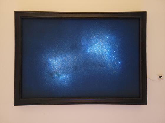 “Cygnus”(2015) by German artist Max Frisinger, reminiscent of a nebula picture taken by NASA, is actually made of LED lights and worn-out nets. [MOON SO-YOUNG]