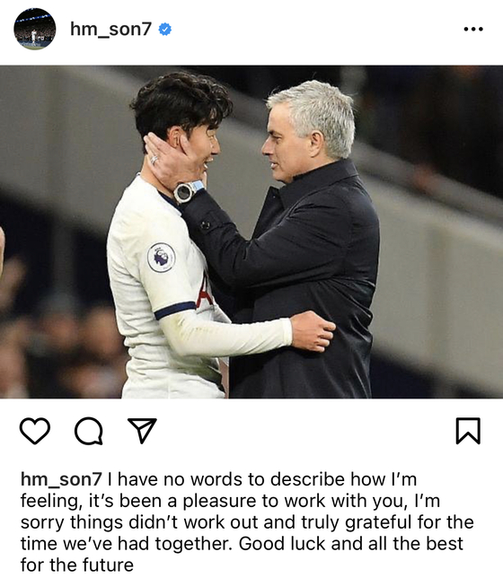 A post on Tottenham Hotspur forward Son Heung-min's personal Instagram page pays tribute to former manager Jose Mourinho, who was fired on Monday. [SCREEN CAPTURE]