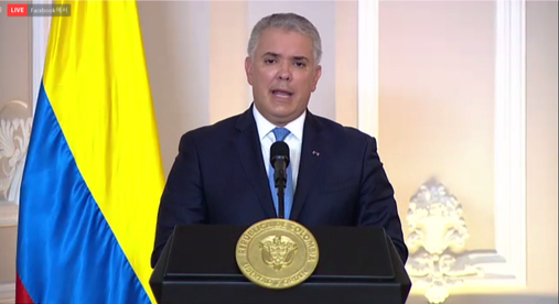 Colombian President Ivan Duque Marquez speaks during the Colombia-Korea: Commercial strategies for the Americas forum organized by the chambers of commerce in Bogota and Seoul and the Colombian Embassy in Korea. The forum was held virtually. [SCREEN CAPTURE]
