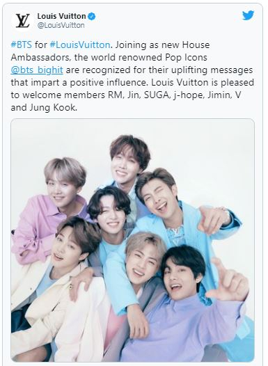 Louis Vuitton's official tweet announcing BTS's partnership with the fashion house. [SCREEN CAPTURE]