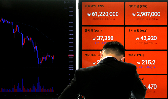 A passerby looks at prices of cryptocurrencies including bitcoin on a digital signboard operated by a local cryptocurrency exchange, Bithumb, in Gangnam District, southern Seoul, on Monday. Bitcoin prices on Monday slightly recovered from their fall to 55 million won ($49500) last week. [YONHAP]