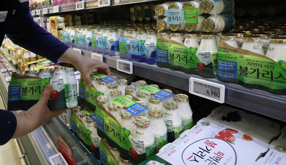 Namyang Dairy Products Bulgaris drinks are displayed at a mart in Seoul last month. [NEWS1] 