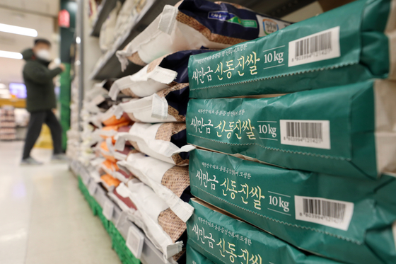 Packages of rice are displayed at a supermarket in Seoul. [NEWS!]