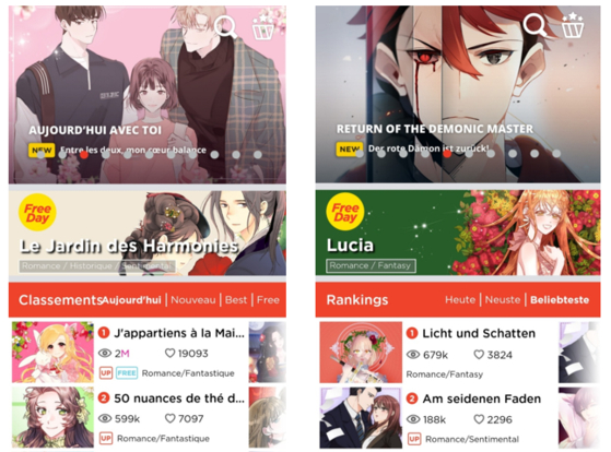 The service pages for Delitoon in French, left, and German [LEZHIN ENTERTAINMENT]