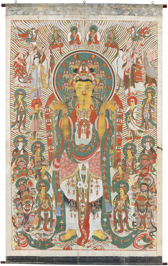 The hanging scroll painting of Rocana Buddha from Sinwon Temple, which is National Treasure No. 299, is being exhibited at the National Museum of Korea for the first time. [NATIONAL MUSEUM OF KOREA]