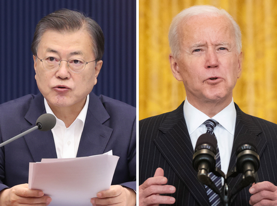 President Moon Jae-in, left, will depart for Washington on Wednesday and have a summit with U.S. President Joe Biden on Friday. [YONHAP]