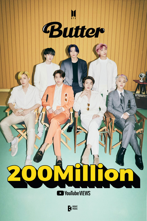 BTS's music video for its latest single ″Butter″ hit 200 million views on Tuesday, four days after its release on May 21. [BIG HIT MUSIC]