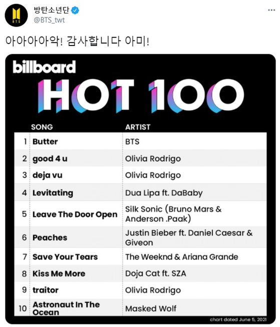 BTS thanks fans after "Butter" hit No. 1 on the Billboard Hot 100 singles chart. [SCREEN CAPTURE]