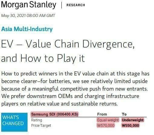 A screen capture of Morgan Stanley report on battery makers [SCREEN CAPTURE]