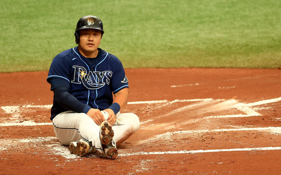 Choi Ji-man of the Tampa Bay Rays reacts to scoring a run in the first inning during a game against the Kansas City Royals at Tropicana Field on May 27. [AFP/YONHAP]
