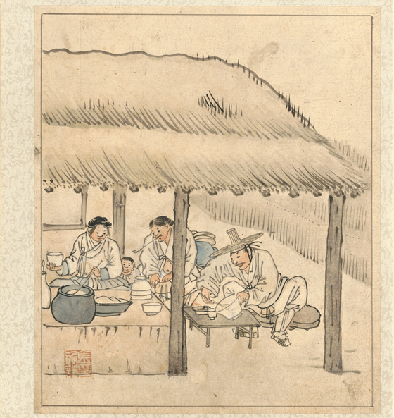 Scenes depicting people drinking makgeolli in the ″Album of Genre Paintings″ by Joseon artist Kim Hong-do. [NATIONAL MUSEUM OF KOREA]