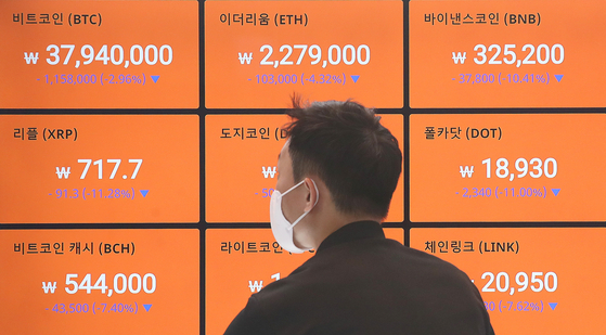 Cryptocurrency prices are displayed on a digital screen at Bithumb’s office in Gangnam, southern Seoul, on Tuesday. Cryptocurrency exchanges are rushing to drop the number of altcoins — minor coins alternatives to bitcoin — they offer in a bid to appeal to banks as they have to find partner banks that can issue real-name accounts to their virtual asset customers by Sept. 24. [NEWS1]