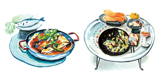 Illustrations of Korean dishes that could pair well with natural wine are shown in new recipe book "Anju & Banju." [POETS & PUNKS]