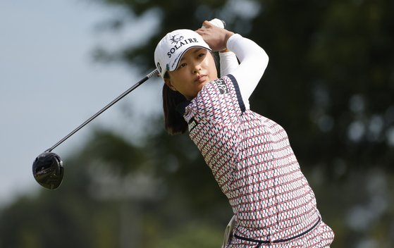 Ko Jin-young hits her tee shot on the tenth hole during the third round of the 2021 KPMG Women's PGA Championship at the Atlanta Athletic Club in Johns Creek, Georgia on Saturday. [EPA/YONHAP]