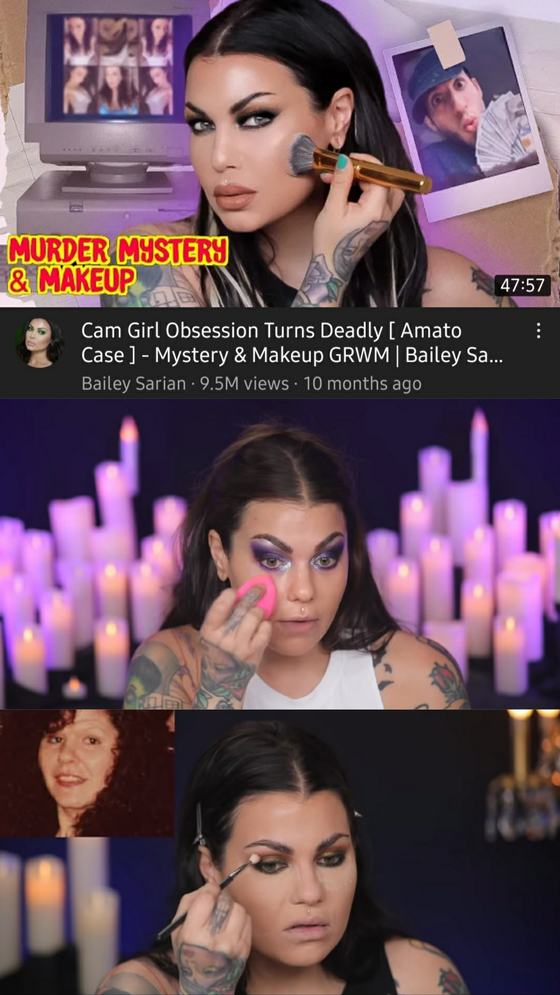  American YouTuber Bailey Sarian applies makeup as she talks about true crime cases in her popular series “Mystery & Makeup.” [SCREEN CAPTURE] 