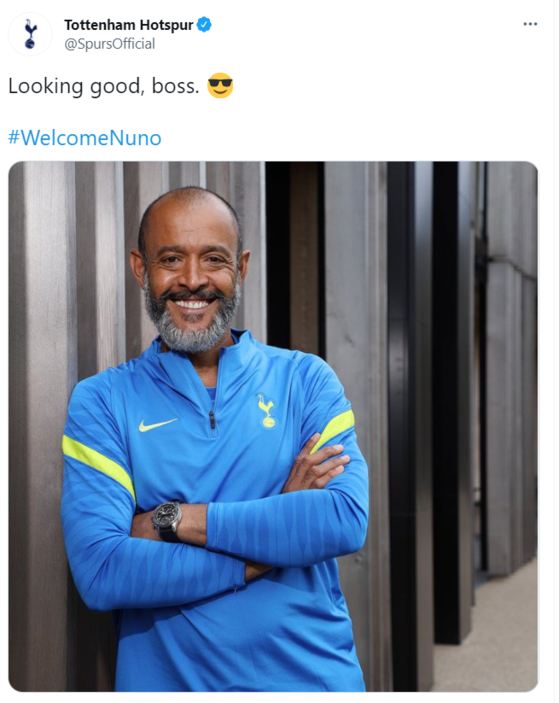 A Tottenham Hotspur tweet welcomes new manager Nuno Espirito Santo to the club. [SCREEN CAPTURE]