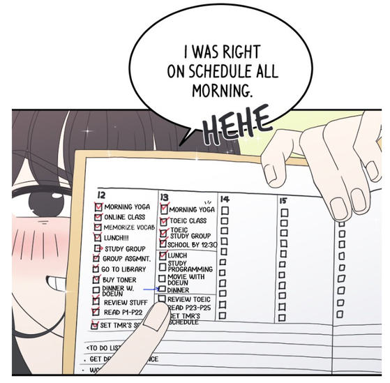 In a scene from Naver Webtoon series ″Romance 101″ by Namsoo, Bareum shows off her ultra-specific schedule for the day to her best friend Doeun. [NAVER WEBTOON]