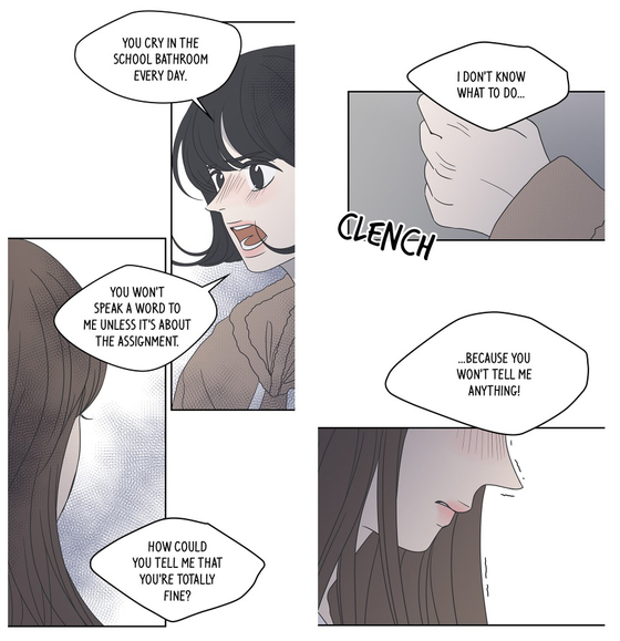 In a scene of Naver Webtoon series ″Romance 101″ by Namsoo, Bareum starts an argument with Doeun because Doeun doesn't want to burden Bareum with her complaints. [NAVER WEBTOON]