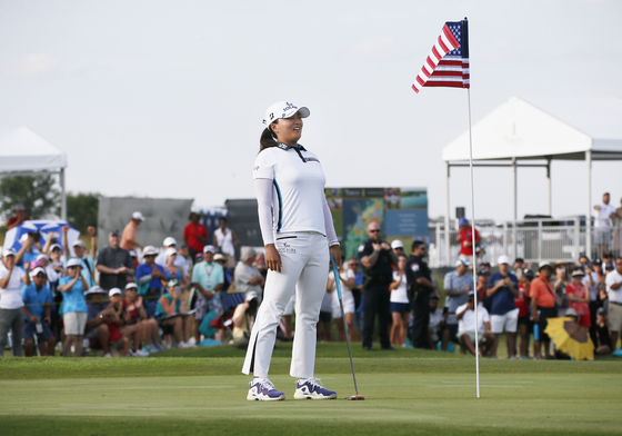 Ko Jin-young reacts on the 18th green after winning the LPGA Volunteers of America Classic at the Old American Golf Club in The Colony, Texas on Sunday. [AP/YONHAP]