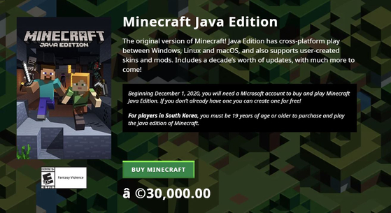 Minecraft's official home page states that users of the game's computer Java Edition in Korea must be 19 years of age or older. [SCREEN CAPTURE]