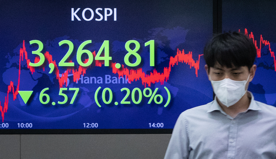 A screen in Hana Bank's trading room in central Seoul shows the Kospi closing at 3,264.81 points on Wednesday, down 6.57 points, or 0.2 percent, from the previous trading day. [NEWS1] 