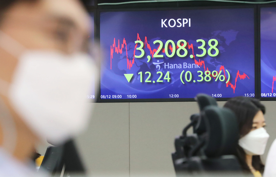 A screen in Hana Bank's trading room in central Seoul shows the Kospi closing at 3,208.38 points on Thursday, down 12.24 points, or 0.38 percent, from the previous trading day. [YONHAP] 