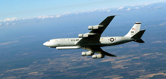 An image of the E-8C Joint Surveillance Target Attack Radar System (Joint Stars) aircraft. The aircraft is the only airborne platform in operation that can maintain realtime surveillance over a corps-sized area of the battlefield. [U.S. AIR FORCE]