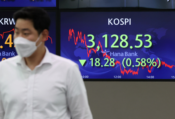 A screen in Hana Bank's trading room in central Seoul shows the Kospi closing at 3,128.53 points on Thursday, down 18.28 points, or 0.58 percent, from the previous trading day. [NEWS1] 