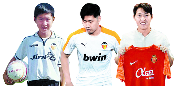 From left: Lee Kang-in joined Valencia's academy when he was 10 years old. Lee appears for Valencia on June 18, 2020. Lee poses with a Real Mallorca shirt after signing a four-year deal with the club on Monday. [ILGAN SPORTS, REUTERS/YONHAP]