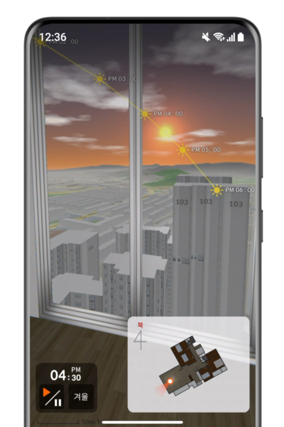 3-D visuals of an apartment on the Zigbang app, which also shows the amount of sunlight coming in through the windows at selected hours [ZIGBANG]