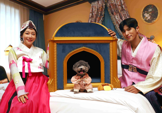A dog sits in front of L'Escape's pet suite, a luxury dog house worth 4.2 million won ($3,600). The pet suite is part of Shinsegae Department Store's Chuseok gift set lineup and can be purchased online at SSG.com starting Friday. [SHINSEGAE DEPARTMENT STORE]