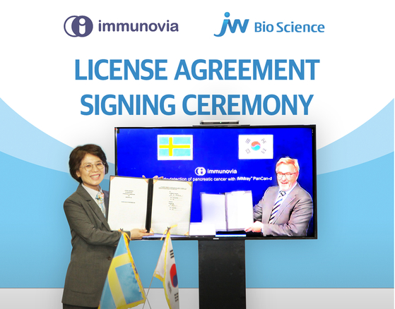 Hahm Eun-kyung, left, CEO of JW Bioscience, and Patrik Dahlen, CEO of Immunovia AB, pose for a photo after signing an agreement online to license the Korean company’s technology to detect pancreatic cancer. [JW BIOSCIENCE] 