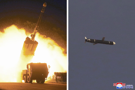 Photos released on Monday by the North's Korea Central News Agency show new cruise missiles being fired from a transporter erector launcher and in flight during weekend tests. [KCNA]