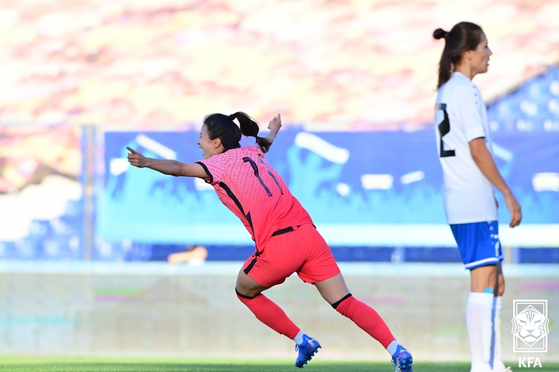 Choe Yu-ri celebrates after scoring a goal against Uzbekistan in a qualifier for the 2022 Women's Asian Cup in Tashkent, Uzbekistan on Thursday. [YONHAP]