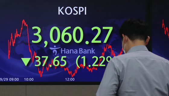 A screen in the Hana Bank's trading room in central Seoul shows the Kospi closing at 3,060.27 points on Wednesday, down 37.65 points, or 1.22 percent, from the previous trading day. [NEWS1] 