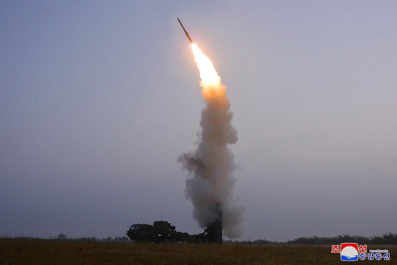 This photo, released by the Korean Central News Agency on Friday, shows a new type of anti-aircraft missile, developed by North Korea's Academy of Defense Science. The North test-fired it the previous day, according to the agency. [YONHAP]