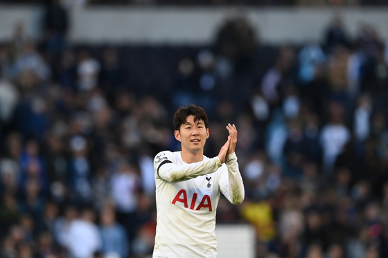 Son Heung-min reacts after a match between Tottenham Hotspur and Aston Villa in London on Sunday. [EPA/YONHAP]