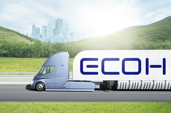 A rendition of a hydrogen transporting truck featuring the Ecoh logo [HYUNDAI GLOVIS]