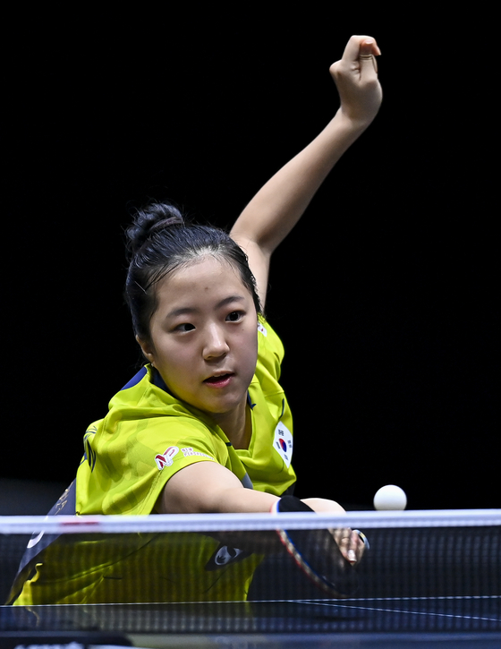 Shin Yu-bin competes during the women's singles final against Hina Hayata of Japan at the 2021 ITTF-ATTU Asian Championships Doha in Doha, Qatar on Monday. [XINHUA/YONHAP]