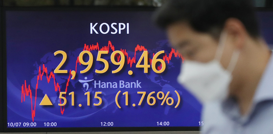 A screen in Hana Bank's trading room in central Seoul shows the Kospi closing at 2,959.46 points on Thursday, up 51.15 points, or 1.76 percent, from the previous trading day. [YONHAP] 