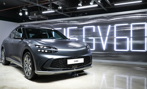 Hyundai Motor's Genesis GV60 makes its debut at a cafe in Apgujeong on Oct. 2 in Seoul. Genesis first full EV installed a over-the-air programming (OTA). [YONHAP]