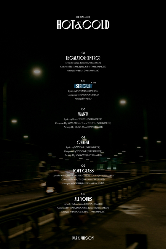 Park Ji-hoon revealed the track list for his upcoming EP ″Hot & Cold.″ [MAROO ENTERTAINMENT]