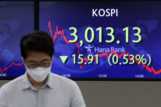 A screen at Hana Bank's trading room in central Seoul shows the Kospi closing at 3,013.13 points on Wednesday, down 15.91 points, or 0.53 percent from the previous trading day. [NEWS1] 