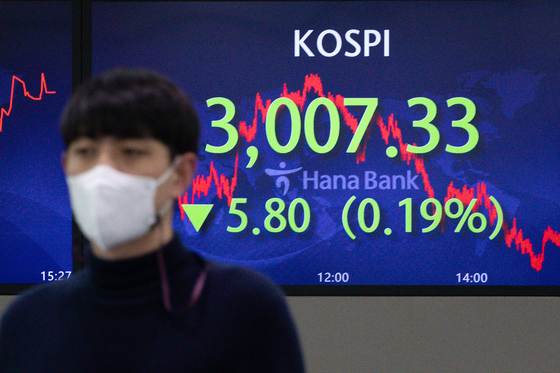 A screen at Hana Bank's trading room in central Seoul shows the Kospi closing at 3,007.33 points on Thursday, down 5.8 points, or 0.19 percent from the previous trading day. [NEWS1] 