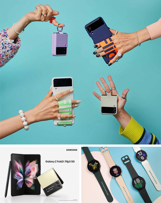 Clockwise from top: The Galaxy Z Flip 3 comes in a range of colors with unique accessories; the Galaxy Watch 4 series is thinner and more chic than its predecessor; the category-defining Galaxy Z Series is a huge success worldwide, exceeding market expectations. [SAMSUNG ELECTRONICS]