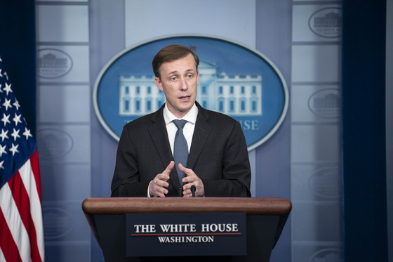U.S. National Security Adviser Jake Sullivan holds a press briefing at the White House in Washington Tuesday. [UPI/YONHAP]