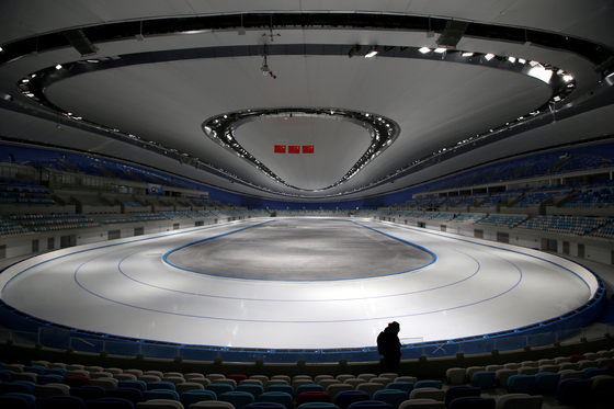The National Speed Skating Oval, a venue of the 2022 Winter Olympic Games, is seen during an organised media tour in Beijing, China. [REUTERS/YONHAP]
