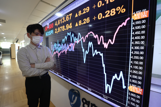 A digital screen at the Yonhap Infomax office in Jongno District, central Seoul, shows the Kospi and S&P 500. The Kospi fell 3.2 percent in October and the S&P 500 rose 6.91 percent. Decoupling in October was the greatest since the 9.5 percentage point difference between the two indexes in February 2011. [YONHAP] 