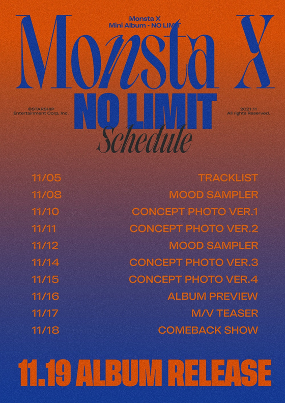 The countdown schedule for Monsta X's upcoming EP, ″No Limit″ [STARSHIP ENTERTAINMENT]
