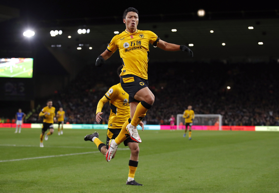 Wolverhampton Wanderers' Hwang Hee-chan celebrates scoring a goal against Everton that was later disallowed after a VAR review on Monday. [REUTERS/YONHAP]